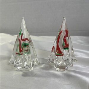 Vintage Art glass Christmas tree Paperweight Hand Crafted RARE Set of 2